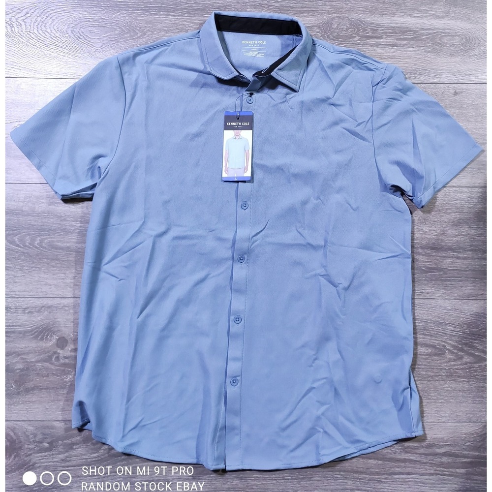 Kenneth Cole Button Up Shirt Mens Large Blue Short Sleeve Stretch Wicking